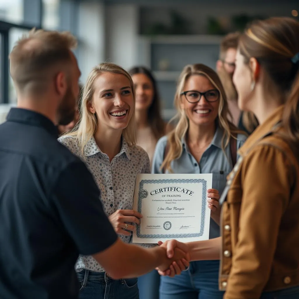 Participant satisfait recevant son certificat de formation